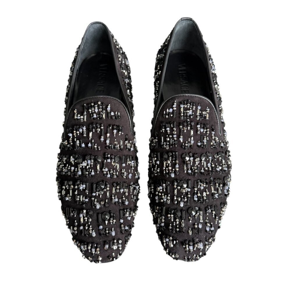 Versace 1003792 Men's Black leather loafer embellished beading, 42